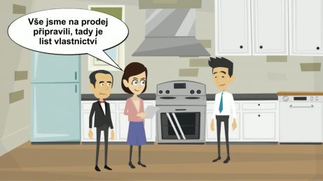 animovaný obrázek dva právníci v kuchyni svého bytu s kupujícím. Právníci říkají, že vše na prodej připravili.