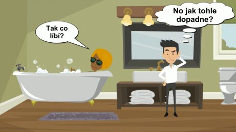 animovaný obrázek paní (prodávající sedí ve vaně) a ptá se kupujícího, jestli se mu byt líbí