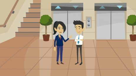 animovaný obrázek: paní a pán stojící u výtahu, kteří spolu mluví o možnosti koupi bytu