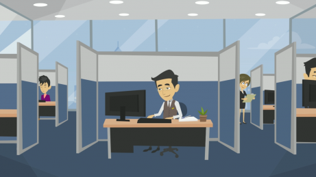 animovaný obrázek - pracovník banky v kanceláři