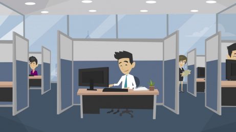 animovaný obrázek muž pracující v kanceláři u stolu