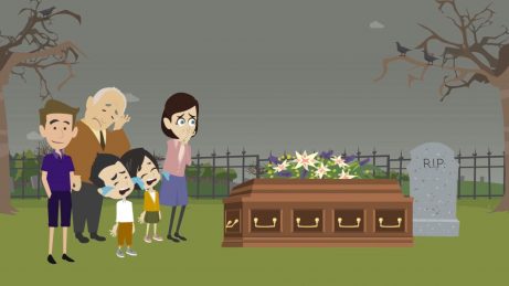 animovaný obrázek rodiny stojící u rakve